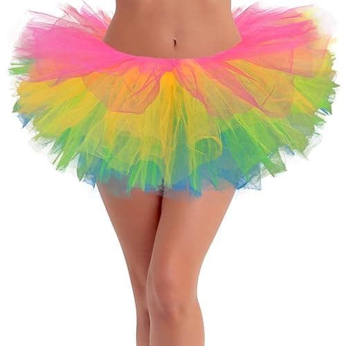Tutus for Women 5 Layered Adult Tutu Skirts for Women Halloween Tutu for Womens 80s Costume Womens Fully Skirt Tulle Skirt - One Size - Rainbow