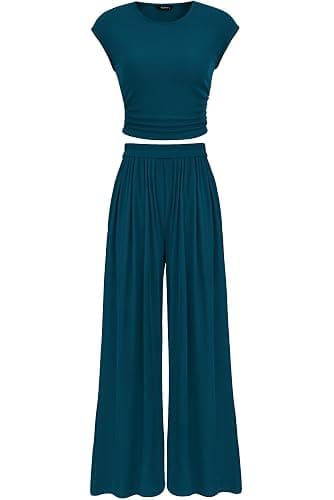 PRETTYGARDEN Women Summer 2 Piece Ribbed Knit Lounge Sets | Cap Sleeve Crewneck Ruched Fitted Crop Tops,Wide Leg Pant With Pockets,Fall Casual Tracksuit,Spring Travel Vacation Outfits - Image 1