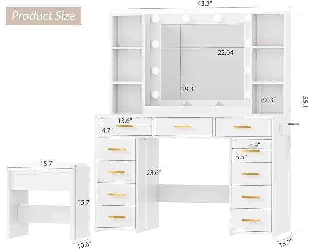 ANWBROAD White Vanity Desk with Mirror and Lights Makeup Vanity Desk with Power Outlet 11 Drawers 9 Shelves Hair Dryer Stand 3 Color Lighting Modes Vanity Table with Stool for Bedroom Women UBDT86W thumbnail 2