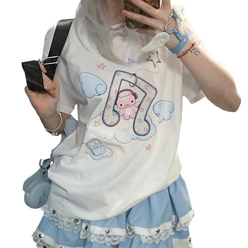 RILGOU Harajuku Pastel Kawaii Gothic Cartoon Cat Music Angel Print T-Shirt | Cutecore, Vintage Casual Style, Streetwear, Athleisure, Cotton Materials, Loose Fit, Crewneck Short Sleeve, For Daily Wear - Image 1