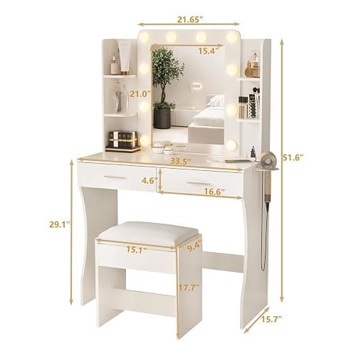 Vabches Vanity Desk with Lights,Makeup Vanity with Power Strip,Dressing Table Set with 2 Large Drawers,Vanity Mirror 3 Lighting Color Adjustable,White thumbnail 2