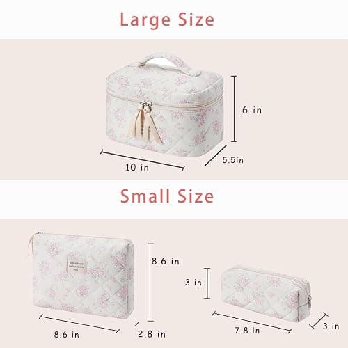 uekeboag Large Travel Quilted Makeup Bag for Women, Floral Cotton Cosmetic Bag, Coquette Aesthetic Floral Toiletry Organizer Bag thumbnail 2