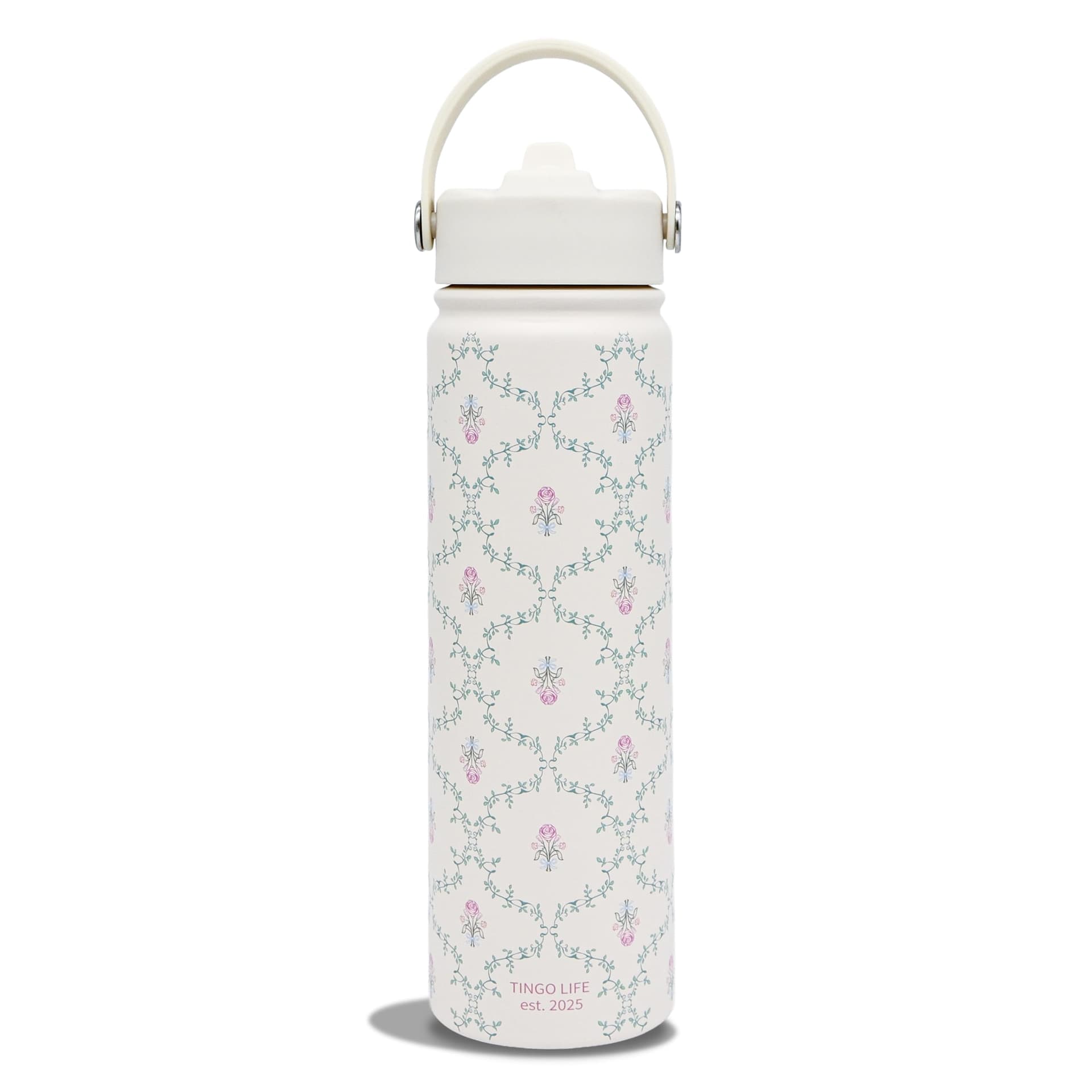 750ml Stainless Steel Insulated Tumbler with Handle and Straw Lid - Vintage Victorian Vine Design - Cream White Vacuum Water Bottle, Leakproof, Gifts for Women Girls - Image 1