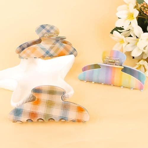 3Pcs Rainbow Plaid Hair Clips for Women Large Striped Hair Clip Cute Colorful Plaid Claw Clips Non Slip Hair Claw Clips for Daily Travel Beach Vacation thumbnail 7
