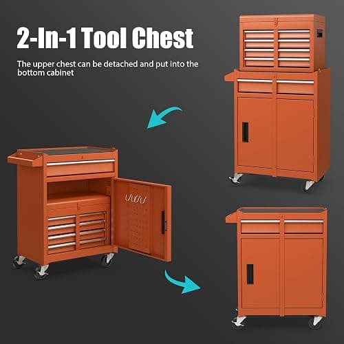 COSTWAY Large Rolling Tool Cabinet, 2-in-1 Detachable Metal Tool Chest with Drawers, Wheels, Handle & Hooks, Lockable Tool Box Trolley for Garage Workshop (5 Drawer with Adjustable Shelf, Orange) thumbnail 5