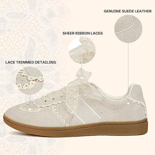 BeeLg Casual Sneakers for Women Lace Detail Elegant Ribbon Lace-Up Fashion Sneakers with Leather Upper Memory Foam Insole and Trendy Casual Shoes for Women thumbnail 3