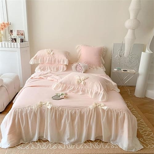 IHOUSTRIY Duvet Cover Twin Size, Ruffle Beddding Set with Bowtie, 2 Pieces Comforter Cover Set with Zipper Closure, Girl Princess Bedding with Pillowcase - Light Pink, Twin thumbnail 2