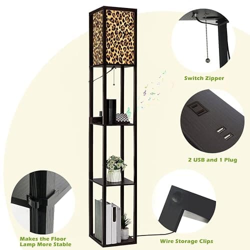 BVCAHSAW Floor Lamp with Shelves Trendy Leopard Skin Pattern Standing Tall Lamp USB Ports & Power Outlet Modern Corner Lamp Nightstand Light for Living Room Bedroom thumbnail 4