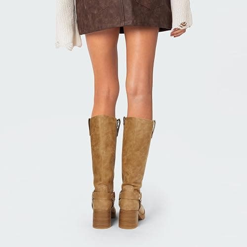 Dsevht Leather Knee High Chunky Platform Heeled Long Boots for Women: Round Toe GoGo Riding Motocycle Boots thumbnail 6