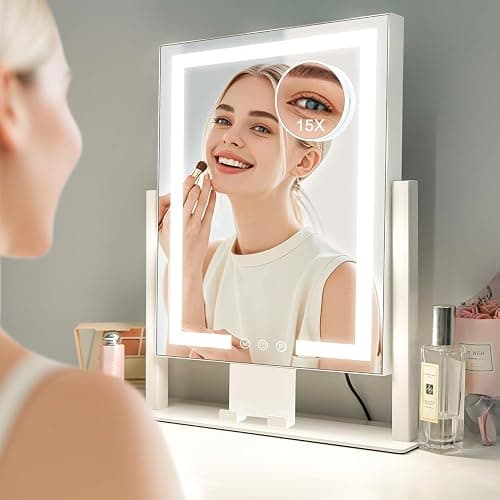 LuxeVue Makeup Mirror with Lights – HD Vanity Mirror with 3 Color Modes, Touch Sensor, 360° Rotatable Metal Frame, Detachable 3.5" 15X Magnifying Mirror, 14.1", White – Gift-Ready for Her or Bedroom thumbnail 7