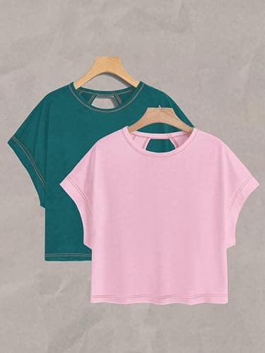 RoseSeek Women's 2 Packs Open Back Tops Crewneck Short Sleeve Backless Tee | Cut Out, Criss Cross, Summer Casual T Shirt thumbnail 3