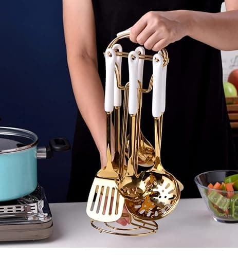 AQUAX Stainless Steel kitchenware seven Pieces Set (White Gold).Cooking Utensils 7 pcs Set with hanging shelf .Include Slotted Spoon, Slotted Spatula, Large Spoon, Soup Ladle, Spatula, Pasta spoon. thumbnail 5