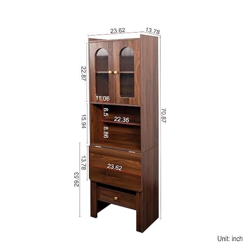LUMISOL Fold-Out Home Office Desks Writing Table with Glass Doors, Drawers, Bookshelf & Storage Shelves, Modern Wooden Convertible Workstation for Work, Study, Walnut thumbnail 2