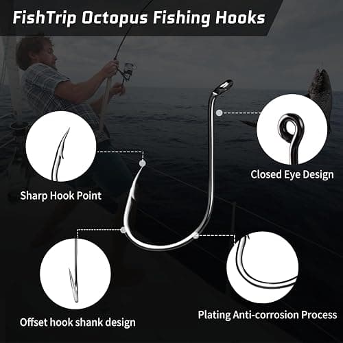 FishTrip Octopus Hooks Fishing Saltwater - 100pcs/50pcs Offset Beak Fish Hooks/Closed Eye/Barded/Black for Fishing Rigs Bass Catfish thumbnail 2