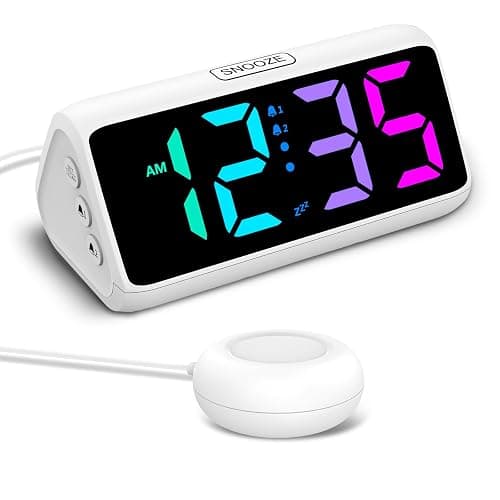 Netzu Loud Alarm Clock for Heavy Sleepers, Plug-in RGB Vibrating Alarm Clocks with Bed Shaker, 5 Dimmers, 2 Alarms and Snooze for Bedrooms Hearing Impaired Deaf Adults (White) - Image 1