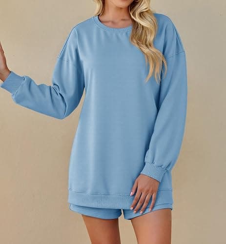 Tankaneo Womens Oversized 2 Piece Outfits Sweatsuit Casual Long Sleeve Crewneck Sweatshirts Sweat Shorts Fall Lounge Sets thumbnail 5