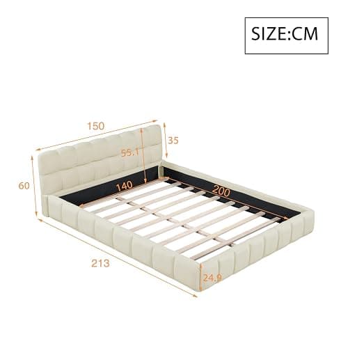 BRILVERDE Upholstered Bed with Slatted Frame and Backrest, Double Bed, Youth Bed, Flat Bed with Padded Border, Padded Bed, Youth Bed Frame, Linen (Beige, 140 x 200 cm) thumbnail 2