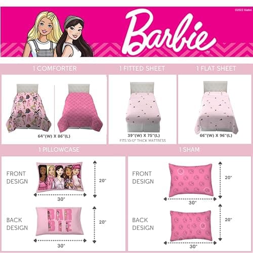 Franco Barbie Barbiecore Bedding Super Soft Comforter and Sheet Set with Sham, 5 Piece Twin Size, College Dorm Essentials (Official Licensed Product) thumbnail 3