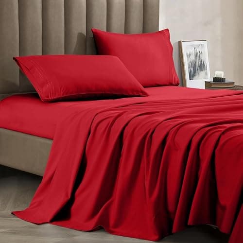 CELINE LINEN Premium 1800 Hotel Quality Wrinkle-Resistant 4-Piece Microfiber Sheet Set - Luxury Ultra Soft and Breathable Bedding 16 Inch Deep Pocket 4PC Sheet Set, Full, Red - Image 1