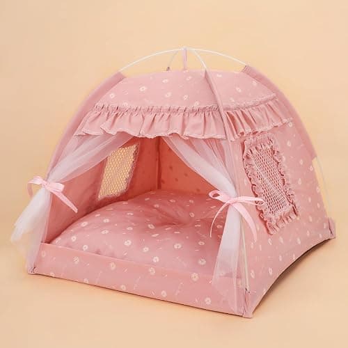 Selena Cat Bed Tents Dog House Indoor Outdoor Lace Mesh Breathable Windows Door Curtains Removable Portable Nest Teepe House (Small,Pink(Ruffled Teim)) - Image 1