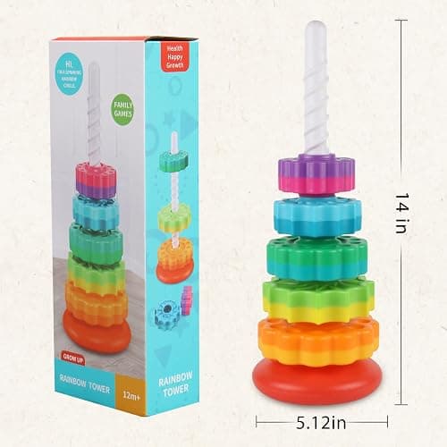 JUXUE Baby Spinning Stacking Toys for Toddlers 1-3, Rainbow Ring Stacker Montessori Toys for Babies 6-12 Months, 1 2 3 One Year Old Girl Boy Christmas Birthday Gifts, Autism Sensory Learning Toy - 14 inches thumbnail 7