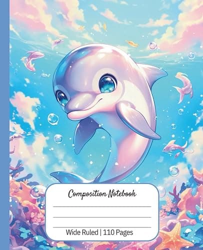 Composition Notebook Wide Ruled Girls Cute Pastel Pink Aesthetic Preppy | Kawaii Dolphin | Pink Purple Teal | 110 Pages | Kids | Lined | Journal | ... Cover | K-2 Primary 1st Grade | Teens | Gift - Image 1