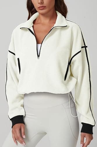 QINSEN Women's Half Zip Fleece Short Pullover Sweatshirt Winter Long Sleeve Cozy Sherpa Sweater Top thumbnail 3
