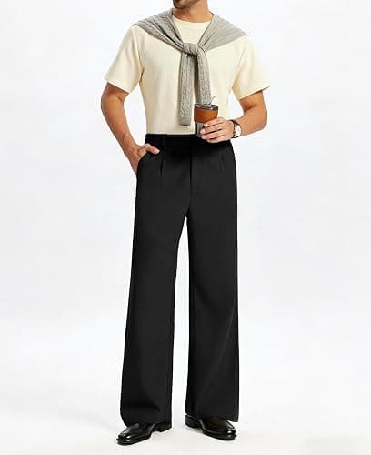 Susclude Mens Bootcut Casual Dress Pants Flared Wide Leg Old Money Pleated Elastic Waist Slacks Vintage Work Office Trousers thumbnail 3