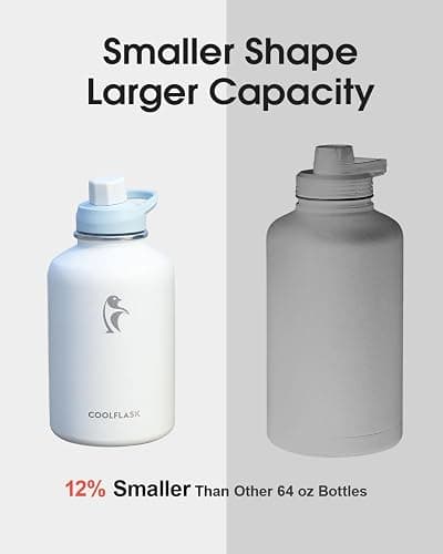 Coolflask 64 oz Water Bottle Insulated with PU Leather Sleeve, Half Gallon Water Bottle Color Contrast with Straw Lids, Stainless Steel Metal Large Water Jug, Keep Cold 48h Hot 24h,Glacier White thumbnail 5