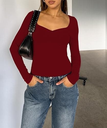 ForeFair Women's Long Sleeve Going Out Tops Pleated Basic T Shirts Cute Sweetheart Neck Y2K Fall Tops thumbnail 3