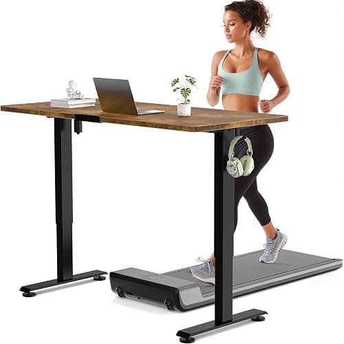Veken 55 Inch Large Electric Standing Desk, Heights Adjustable, Sit to Stand Up, Work Home Office Computer Table for Study, Walking Pad, Writing, and Games, Wooden Desktop Desks, Brown - Image 1