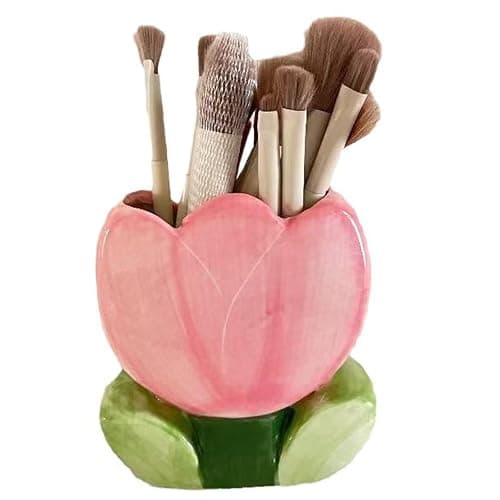 Busnos Pen Holder for Office Desk Accessories Aesthetic Pink Makeup Brush Holder Pencil Holder Cute Tulips Home Decor Birthday Gifts for Women Vanity Toothbrush Holder Kawaii Kitchen Utensil Holder thumbnail 6