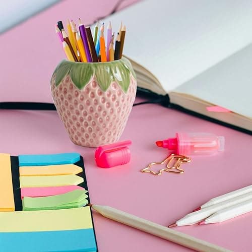 Sixbaola Strawberry Pencil Holder, Cute Pen Holder for Desk, Ceramic Pen Holder, Stand Makeup Brush Holder, for School, Home, Office Desk Decor(Pink) thumbnail 2