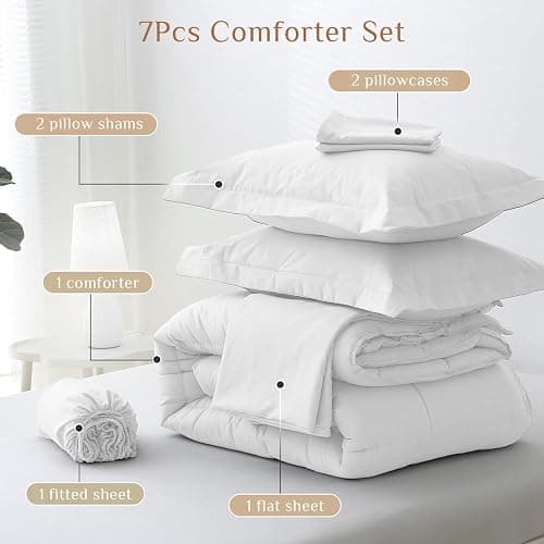 JOLLYVOGUE Full Comforter Set, Ultra-Soft Bed in a Bag Full Size 7 Pieces, Oeko-TEX Certified Bedding Set with Down Alternative Comforter, Sheets, Pillowcases & Shams, White thumbnail 5