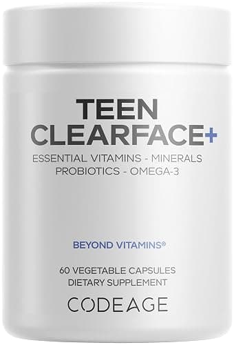 Codeage Teen Clearface Adolescent Face, Skin & Pimples, Vitamins A, C, D3, E, Pantothenic Acid, Niacin, Zinc Supplement Teenagers, Probiotics, L-Lysine, Omega-3, Oily Skin, Pores, Spots - 60 Capsules - Image 1
