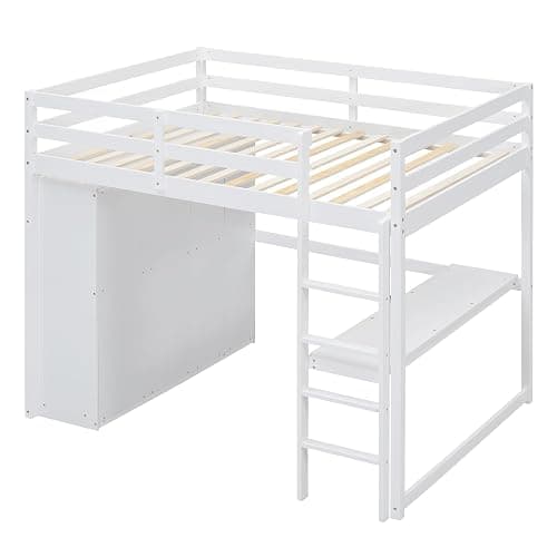 Harper & Bright Designs White Full Size Loft Bed with Desk & Wardrobe, Solid Wood Kids Loft Bedframe w/3 Storage Drawers & 2 Shelves, Maximum Space Design, for Bedroom, Dorm thumbnail 6