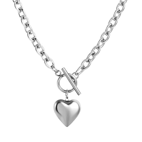 HZMAN Women Stainless Steel Multilayer Necklace Heart Pendant Dog Tag Pendant Chunky Cuban Chain Link Toggle Clasp Necklace - Image 1