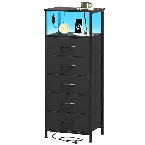 Somdot Black Nightstand with Charging Station and LED Light for Bedroom, Tall 5 Drawers Dresser with Fabric Bins for Bedside Kids Dorm Room Closet Laundry Entryway, Black - Image 1