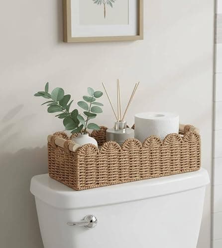 CubesLand Paper Rope Scalloped Edge Toilet Paper Storage Basket, Small Living Room, Bedroom Decor Baskets for Over Toilet Storage Shelf, End Table, Shelves and More, with 2 Wooden Handle, Neutral thumbnail 2