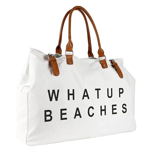 Beach Bag with Vegan Leather Handle, Extra Large Beach Bag for Women Waterproof Sandproof, White thumbnail 2