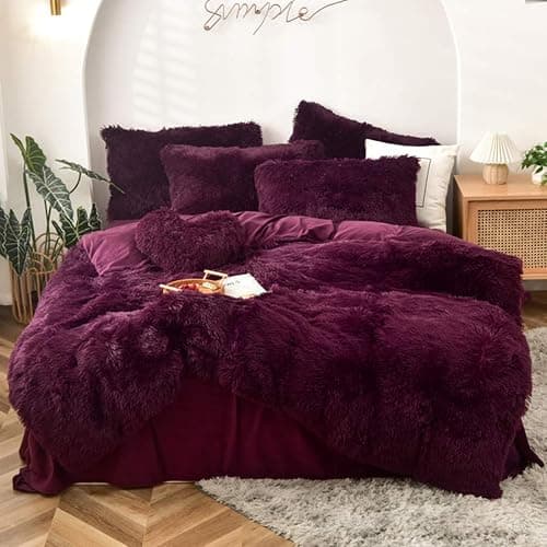 MorroMorn 5 PCS Shaggy Duvet Cover Bedding Set - Fluffy Comforter Cover Long Faux Fur Luxury Ultra Soft Cozy (Maroon, King/California King) thumbnail 2