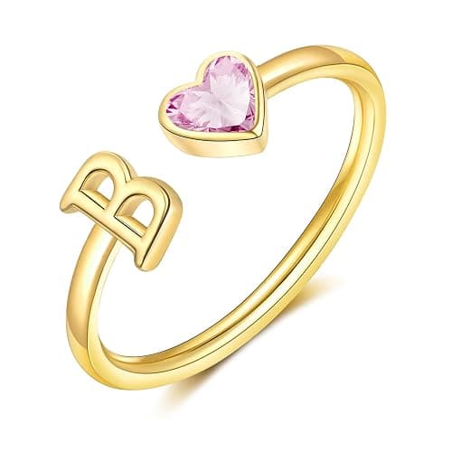 Stocking Stuffers - Initial Rings for Women Teen 14K Gold Plated Birthstone Rings Stackable Dainty Letter Rings Christmas Birthday Birthstone Jewelry Gifts for Mother Daughter,Adjustable Size 5-10 - Image 1
