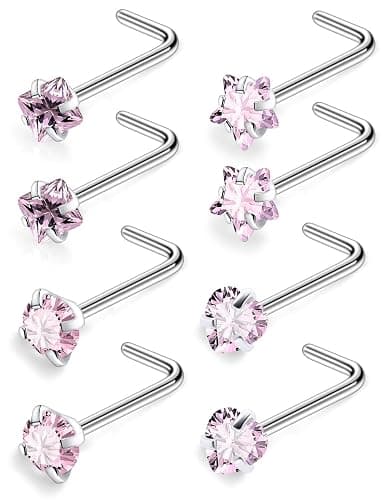 Ftovosyo Hypoallergenic Nose Rings Studs 18G & 20G Surgical Steel Nose Studs L Shaped Nostril Piercing Jewelry with Pink Cubic Zirconia for Women & Men - Image 1