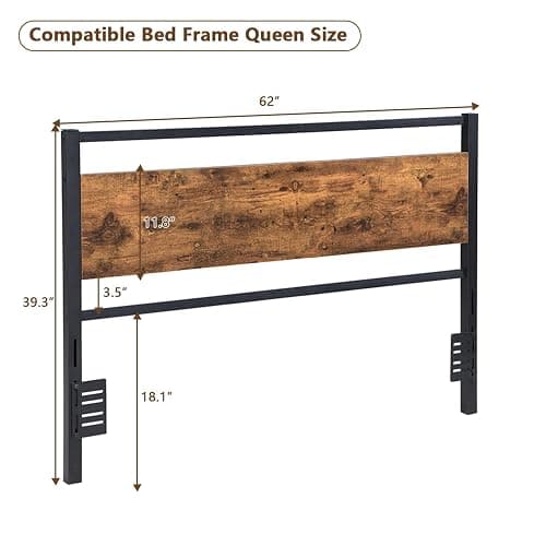 anwickjeff Wood Headboard Queen Size Bed, Easy Assembly Headboard with Rustic Solid Wood Board,Only with Metal Slats Sturdy, Farmhouse Headboards for Adjustable Bed, Rustic Brown (Queen) thumbnail 2