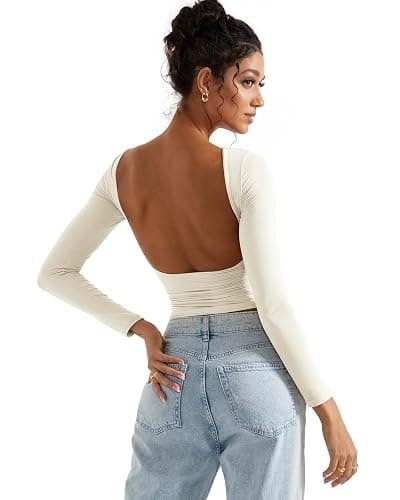 SUUKSESS Women Backless Going Out Tops Double Lined Open Back Basic Long Sleeve thumbnail 4