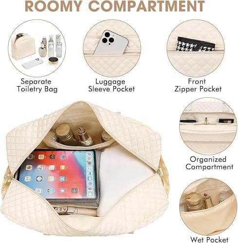 Weekender Overnight Bag Women: Large Travel Duffle Bag with Shoe Compartment & Wet Pocket Carry On Tote Bag Gym Duffel Bag with Toiletry Bag Bag for Hospital Beige thumbnail 5