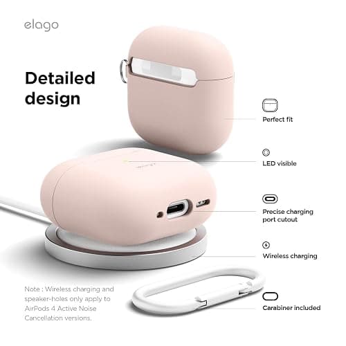 elago Compatible with AirPods 4 Case - Premium Silicone Case with Carabiner, Supports Wireless Charging, Shock Resistant, Full Protection, Headphone Accessories (Sand Pink) thumbnail 5