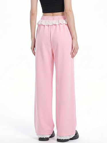 Women Kawaii Cat Paw Wide Leg Sweatpants Lace Trim Coquette Y2K Loungewear thumbnail 4