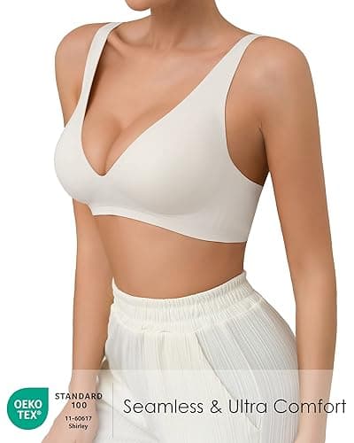 SHARICCA Pro Seamless Bra for Women Deep V Neck Wirefree Bra Adjustable Strap Comfort Sleep Bra Removable Padded Bralette - White - Small thumbnail 2