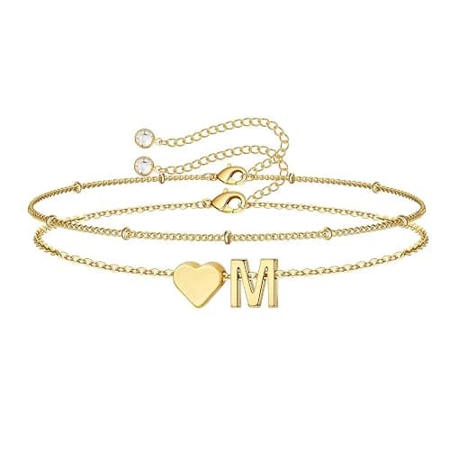 M MOOHAM Christmas Gifts for Grandkids Teens Girls -14K-Gold-Plated Heart Initial Bracelets for Women Girl Dainty Gold Bracelets Birthday Gift Stocking Stuffers for Women Teenage Girls Kids Gifts - Image 1